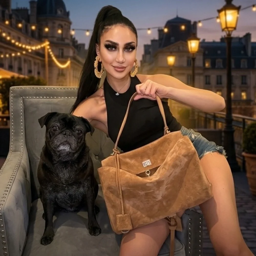 Genuine Suede leather Rodeo Hobo handbag Tote Tan Brown KIM KARDASHIAN BAG